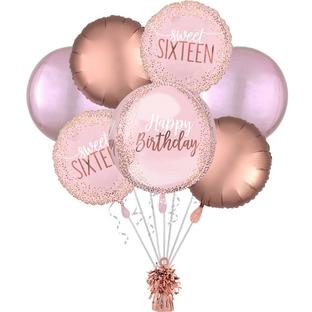 Blush Pink & Gold Sweet 16 Birthday Foil Balloon Bouquet